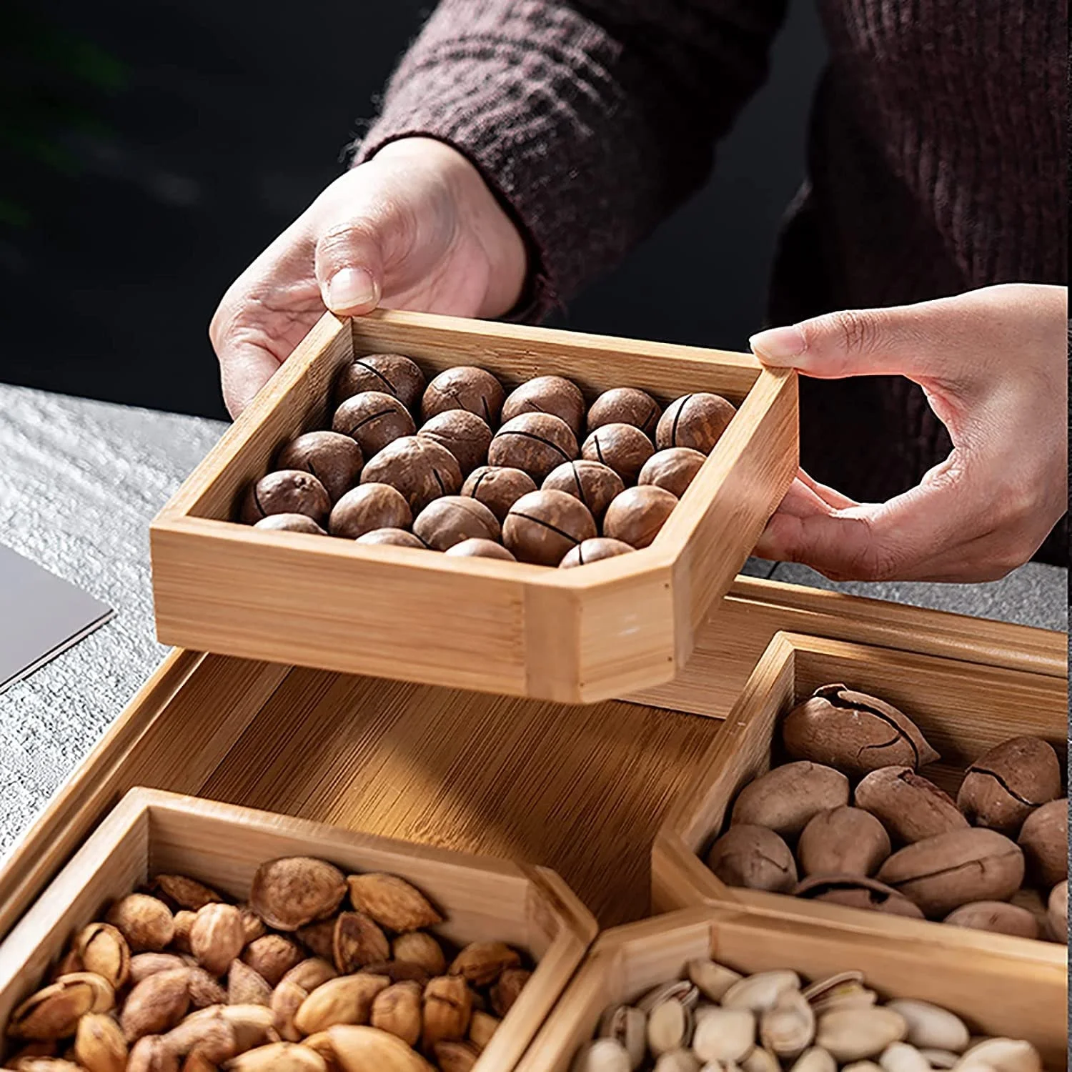 Custom High-quality square Bamboo Candy and Dried Fruit Tray Snack Storage Box Wood Boxes