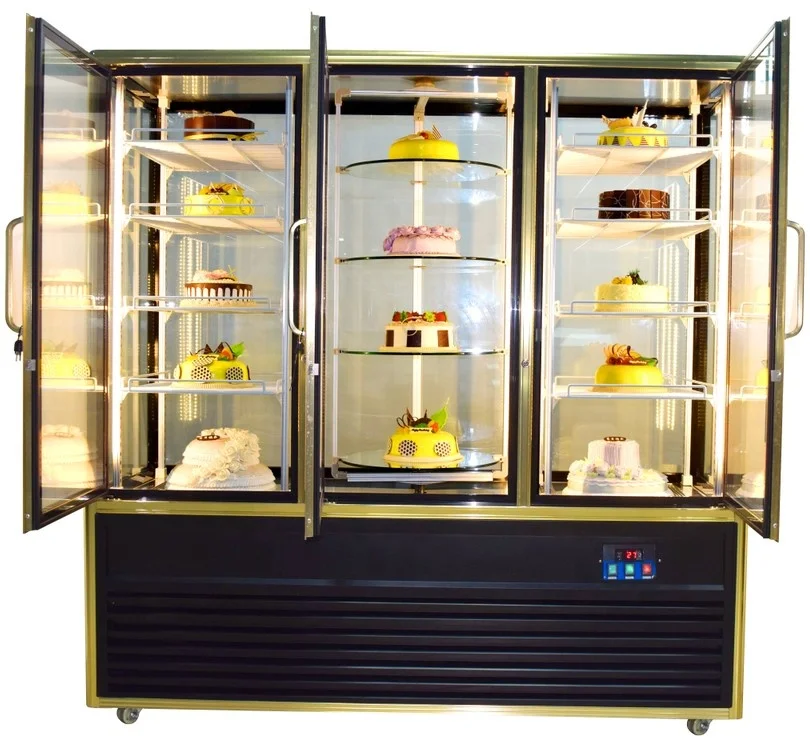 Large capacity commercial 3 doors Bakery vertical refrigerated showcase Cake Dessert upright Rotating display fridge