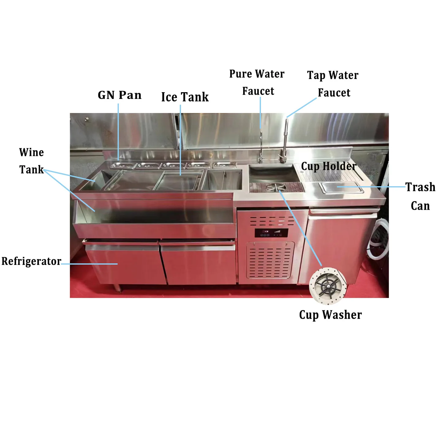 Custom Size Stainless Steel Bar Counter Design Factory/Restaurant Equipment Cocktail Station with Ice Storage Cabinet
