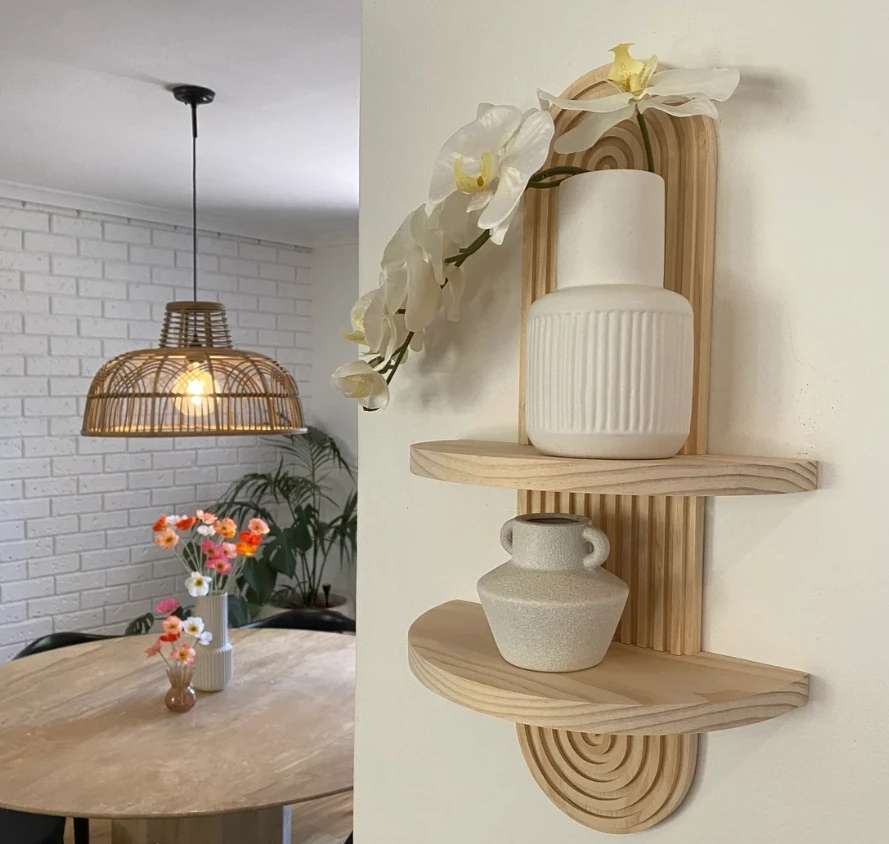 W364 Mid-Century Modern Style Arched Wood Wall Shelf, Rubber wooden floating shelf