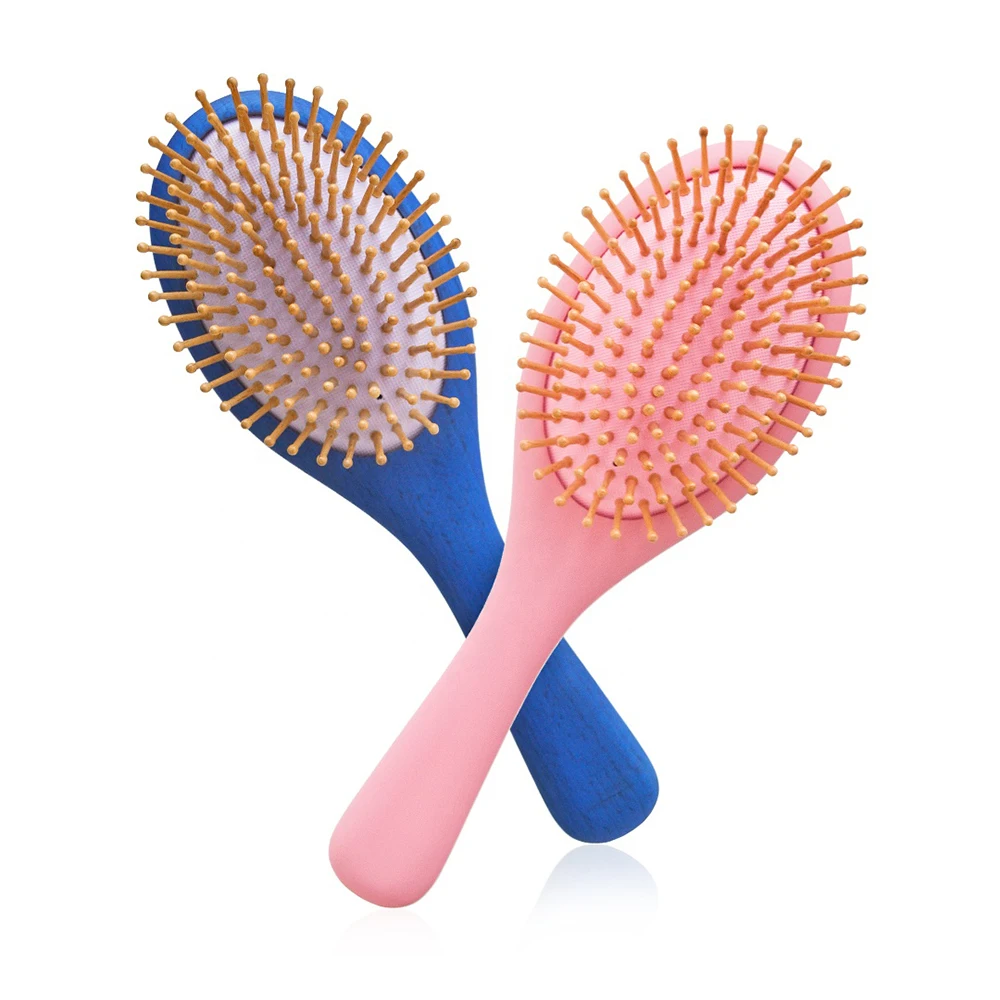 New Launched High Quality Custom Logo Pink Blue Color Wooden Cushion Massage Hair Brush