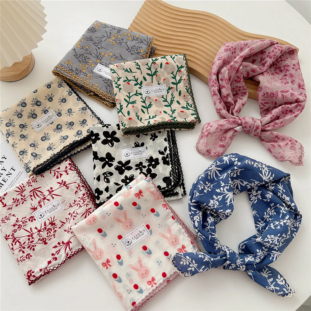 68cm Fashion Women Flora Print Neckerchief Spring Autumn Bandana Custom Hair Scarf Headscarf Square Headband Hijab Wholesale