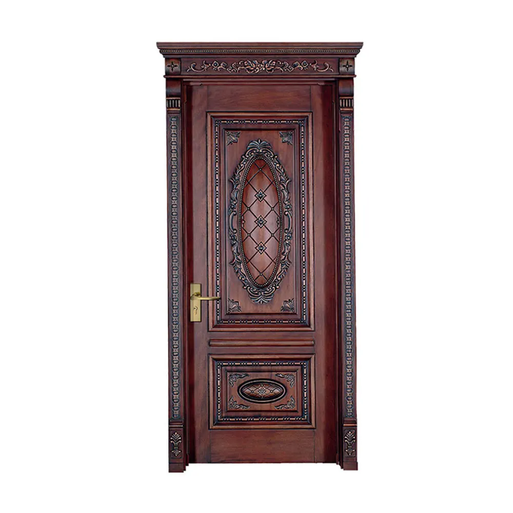 Crafts beautiful flower carved raised panel antique indonesian solid wood doors