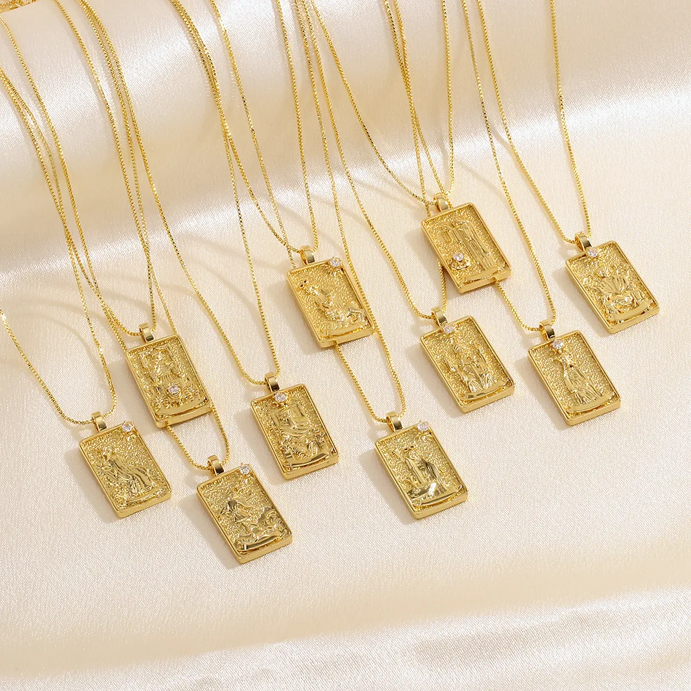 18k Gold Plated Zircon Tarot Cards Pendant Necklace Twelve Constellations Zodiac Card Amulet Magic Talisman for Women