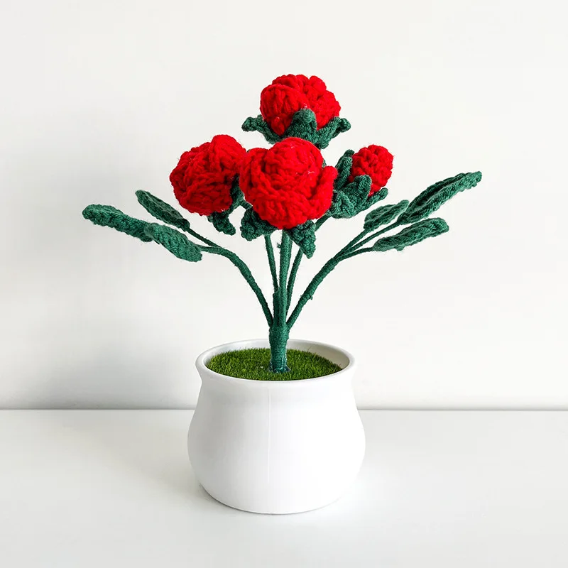 Wholesale 100% Handmade Crochet Knitting Mini Potted Artificial Rose Flowers For Kitchen Living Room Bathroom Office Desktop