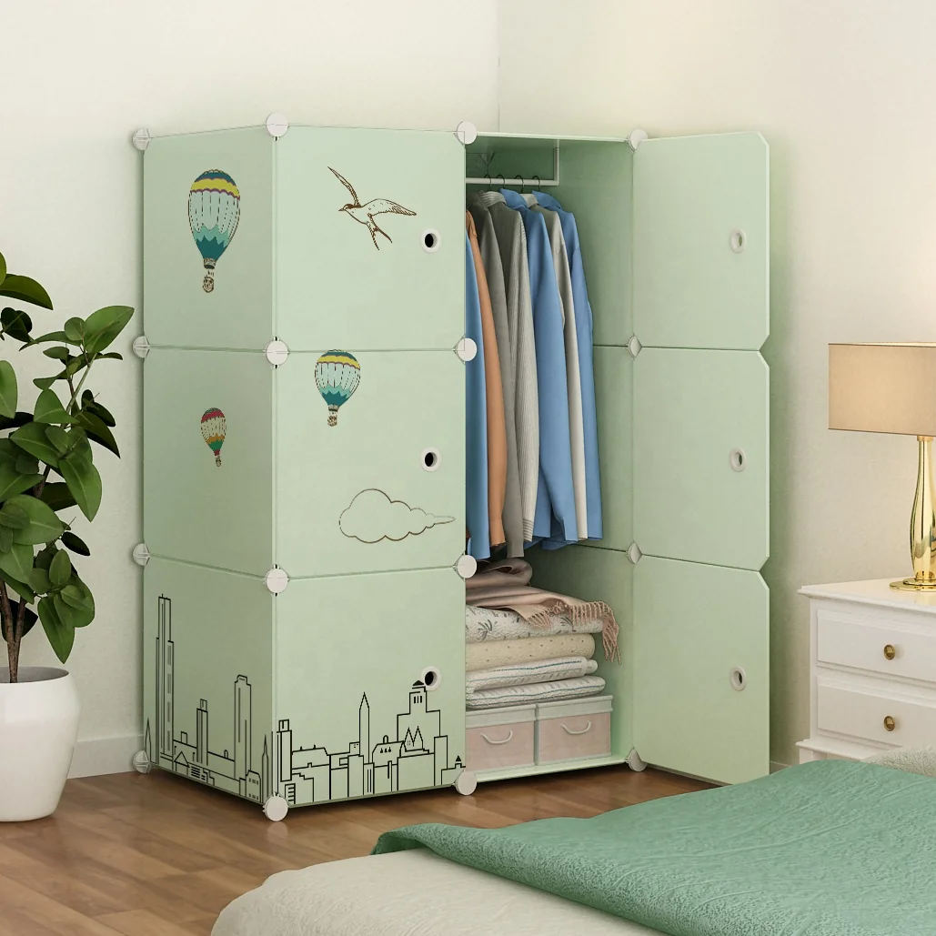 Hot Sale Clothe Storage Cabinet Rectangular Plastic Foldable Wardrobe Organiser Green Color With Stickers Portable Cube Wardrobe