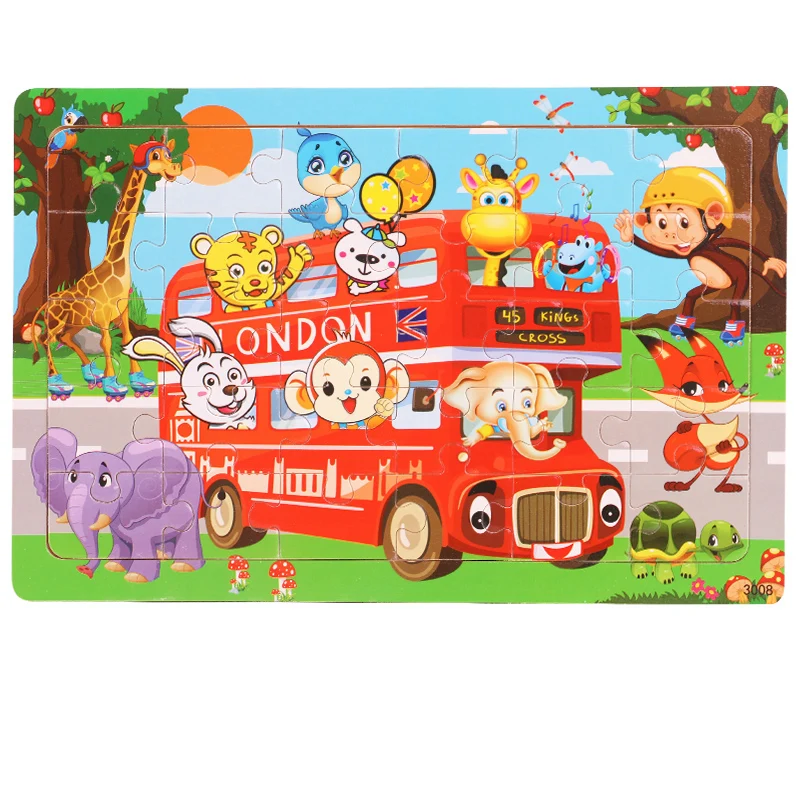 New Arrival Montessori Animal Travel Wooden Jigsaw Puzzle Board 30-Piece Toddler Learning Game Toy Set for Kids Boys and Girls