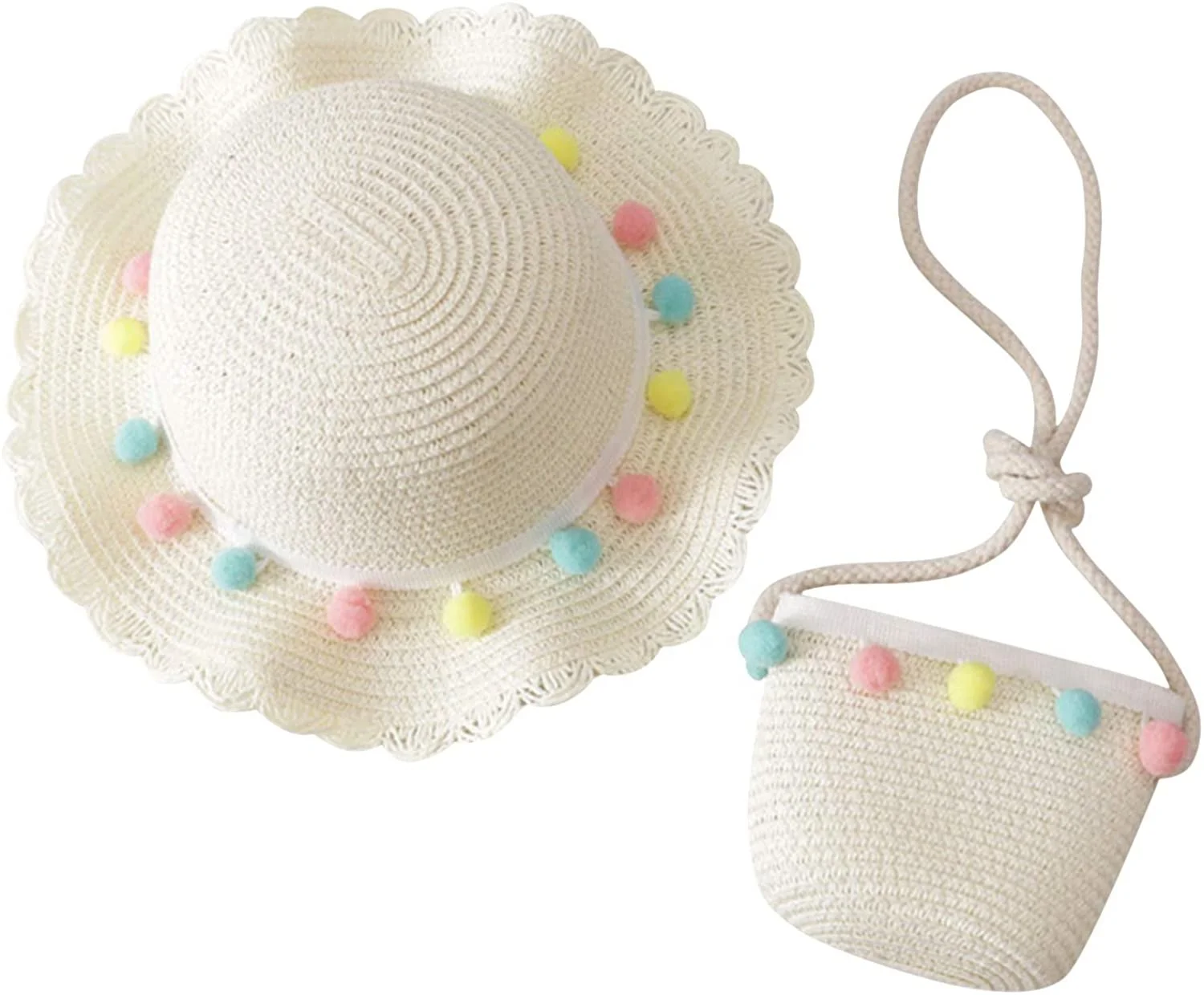 Cute Kids Toddler Baby Girls Multi-Colors Large Wide Brim Flower Beach Cap Sun Pompom Straw Hat and Bag Set