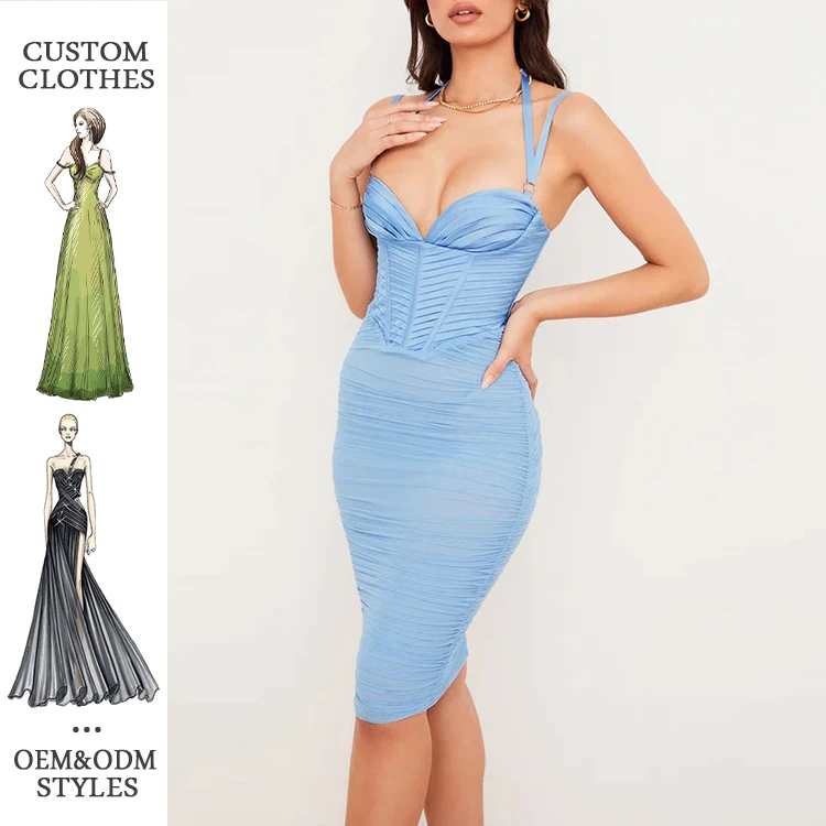 New Arrivals Elegant Fashion Mesh Satin Splice Pleated Double Layer Strap Halter Mid-Skirt Dress Sexy Party Dresses For Women