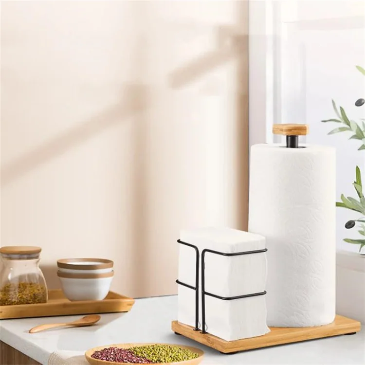 2-in-1 Paper Towel Holder Countertop Napkin Rack Kitchen Rolls Holder Stand with Wood Base