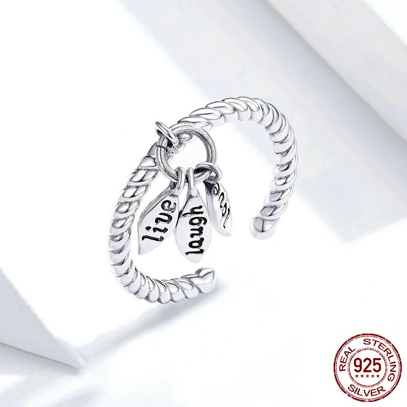  925 sterling silver jewelry twisted leaves letter love life charm open rings