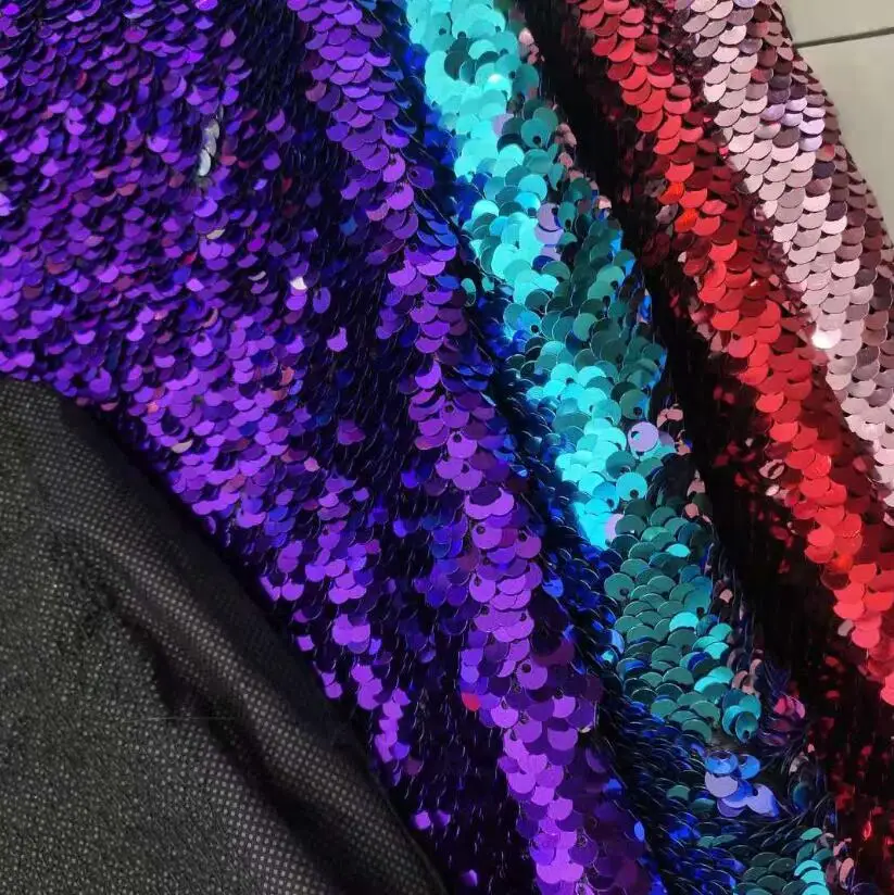  LOW MOQ 100% Polyester Fabric Embroidered Satin Double side color sequins spangle fabric for wedding
