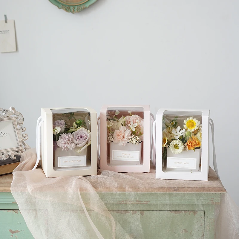 Hot sale clear box flower packaging cardboard boxes window gift boxes with handles