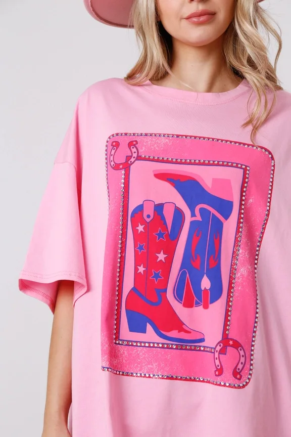 WINGTU Custom Short Sleeve Sequin Shirt Animal Cowboy Boots Print Diamond T Shirt For Women