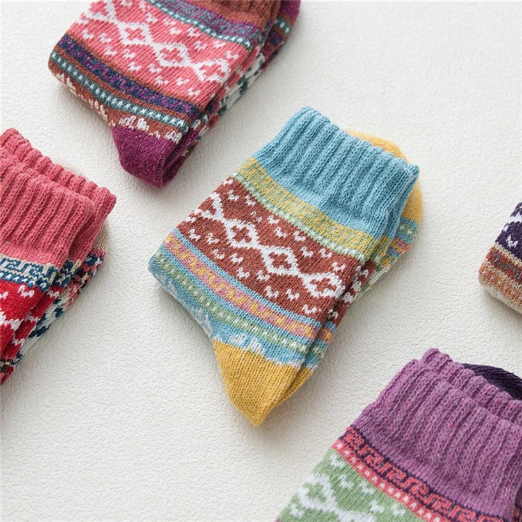 
Vintage Striped Jacquard Pattern Candy Color Happy Sock Winter Rabbit Hair Wool Thicken Warm Casual Socks For Woman 
