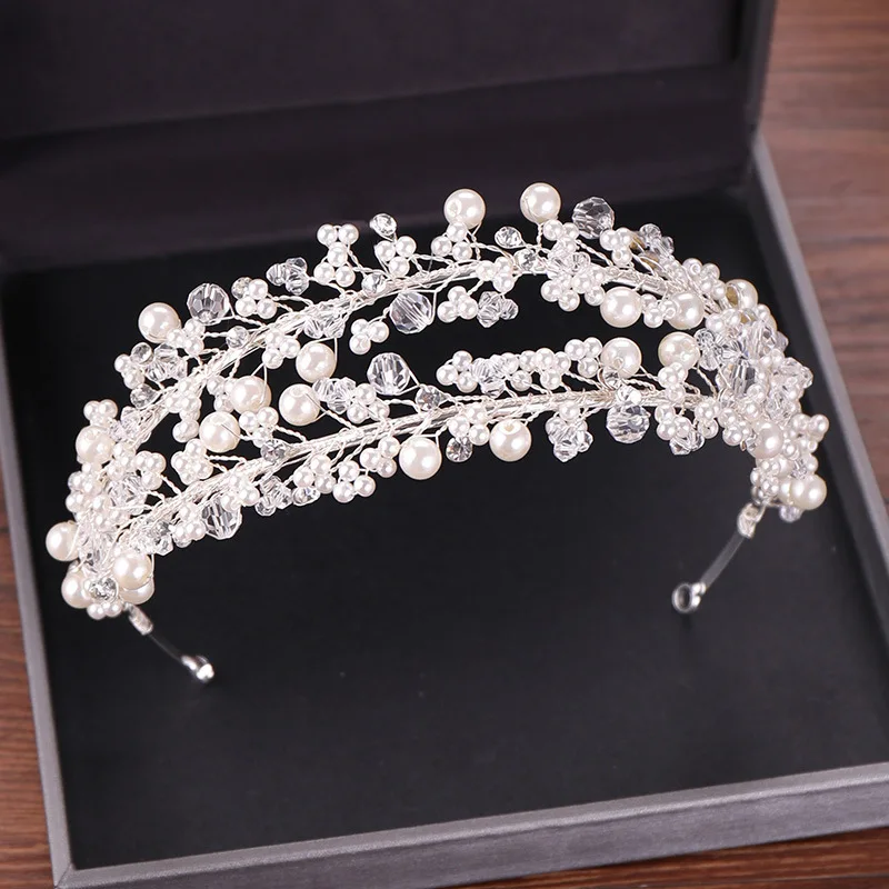 Factory Customized High Quality Pearl Princess Tiara Wedding Crystal Headband Bridal Hair Jewelry