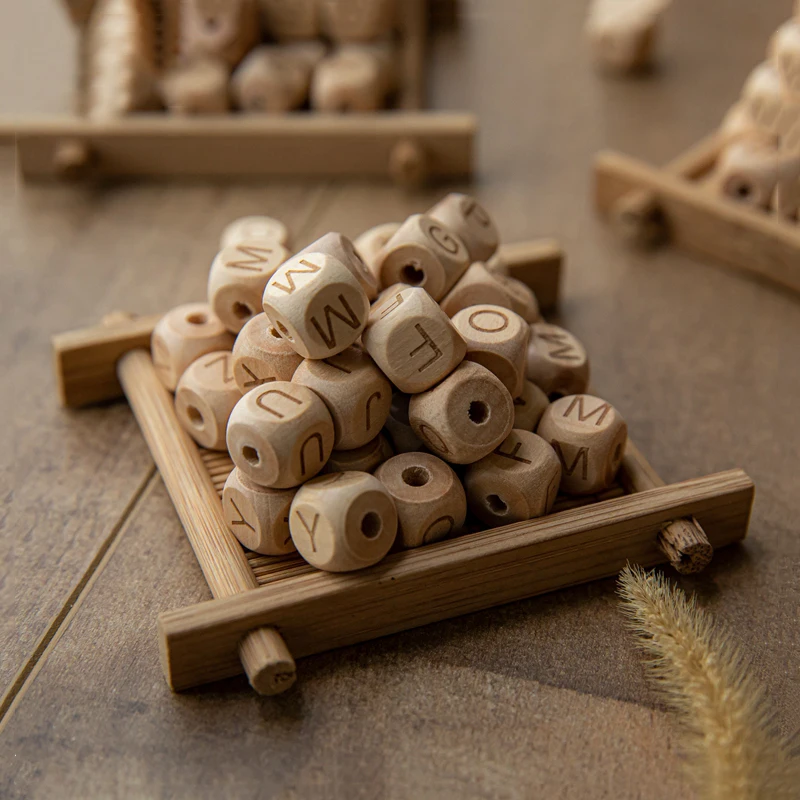 12mm Personalized Name Baby Teething Beads Wooden Beech Cube Alphabet Letter Beads
