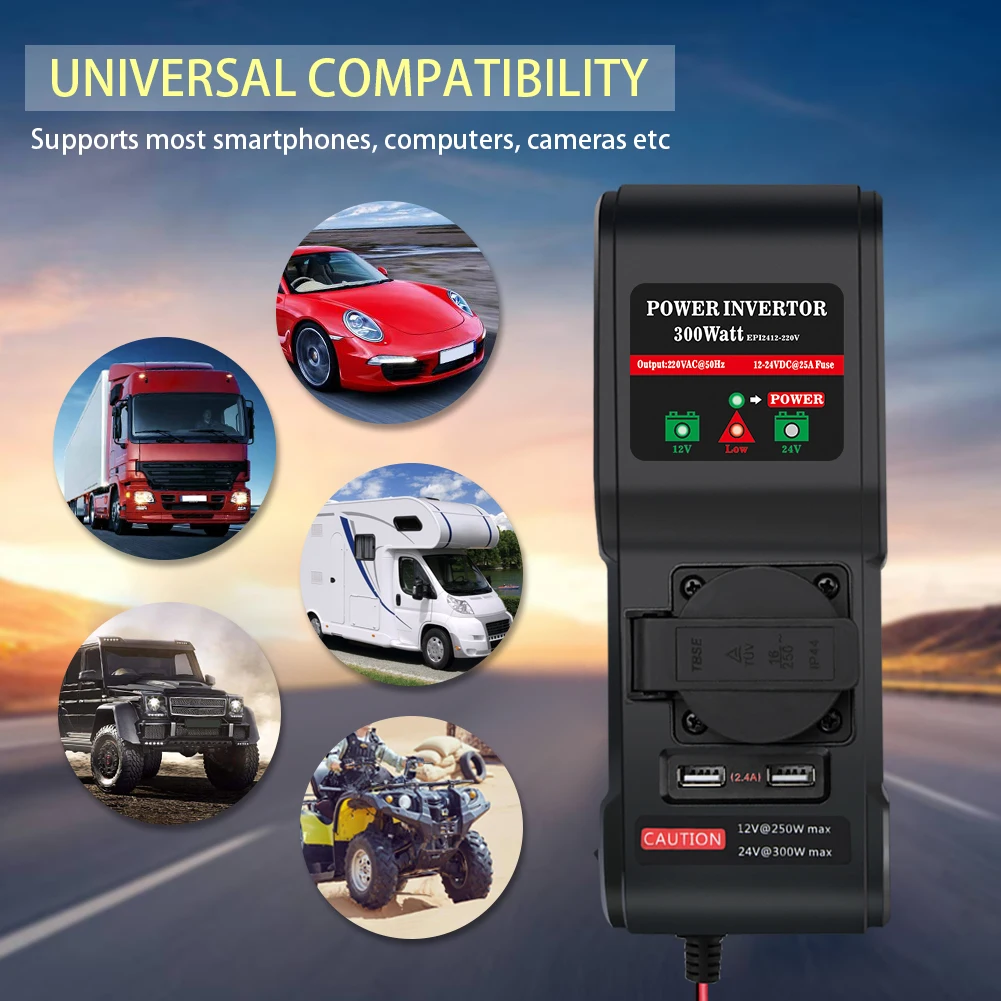 
12V 24V general vehicle dc to ac inverter 220VAC high power inverter 300W 2USB interface 