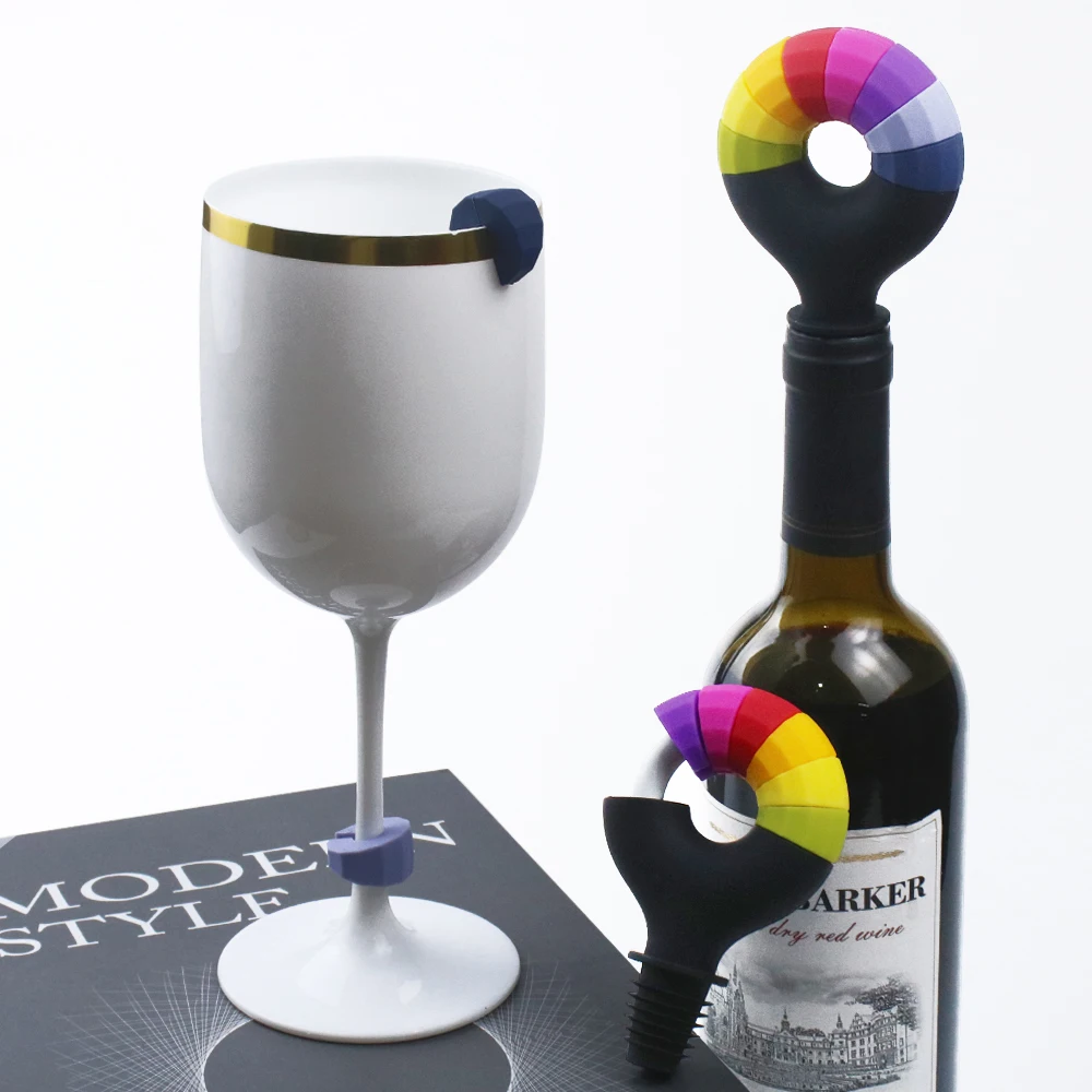 Custom Logo Food Grade BPA Free Silicon Wine Bottle Stopper with 8pcs Wine Glass Charms
