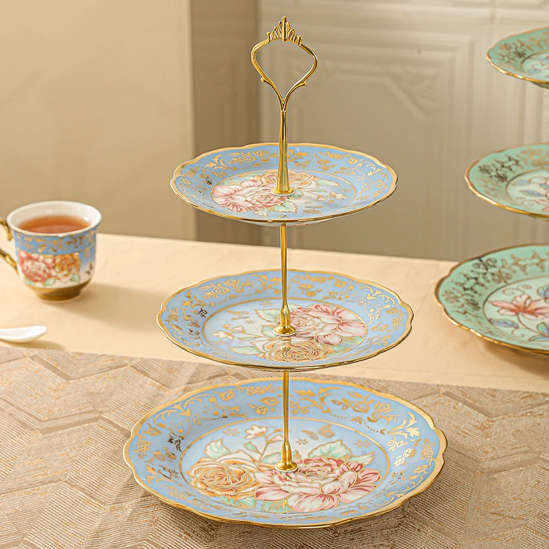 European Gold-Plated Two-Layer Ceramic Fruit Plate Afternoon Tea Snack Holder Living Room Fruit Plate Dessert Cake Plate