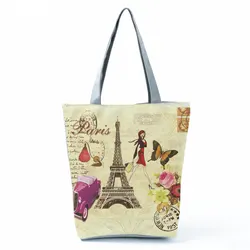 Italy Vintage Tower Design Shoulder Bags Women Summer Floral Beach Bags For Female Single Canvas Shopping Handbags High Capacity