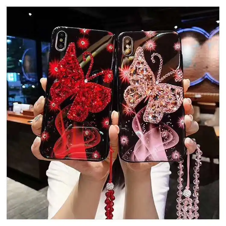
For Iphone 11 Pro Max 3D Diamond Bling Glitter Rhinestone Crystal Beauty Butterfly Design Phone Case with Neck Strap 