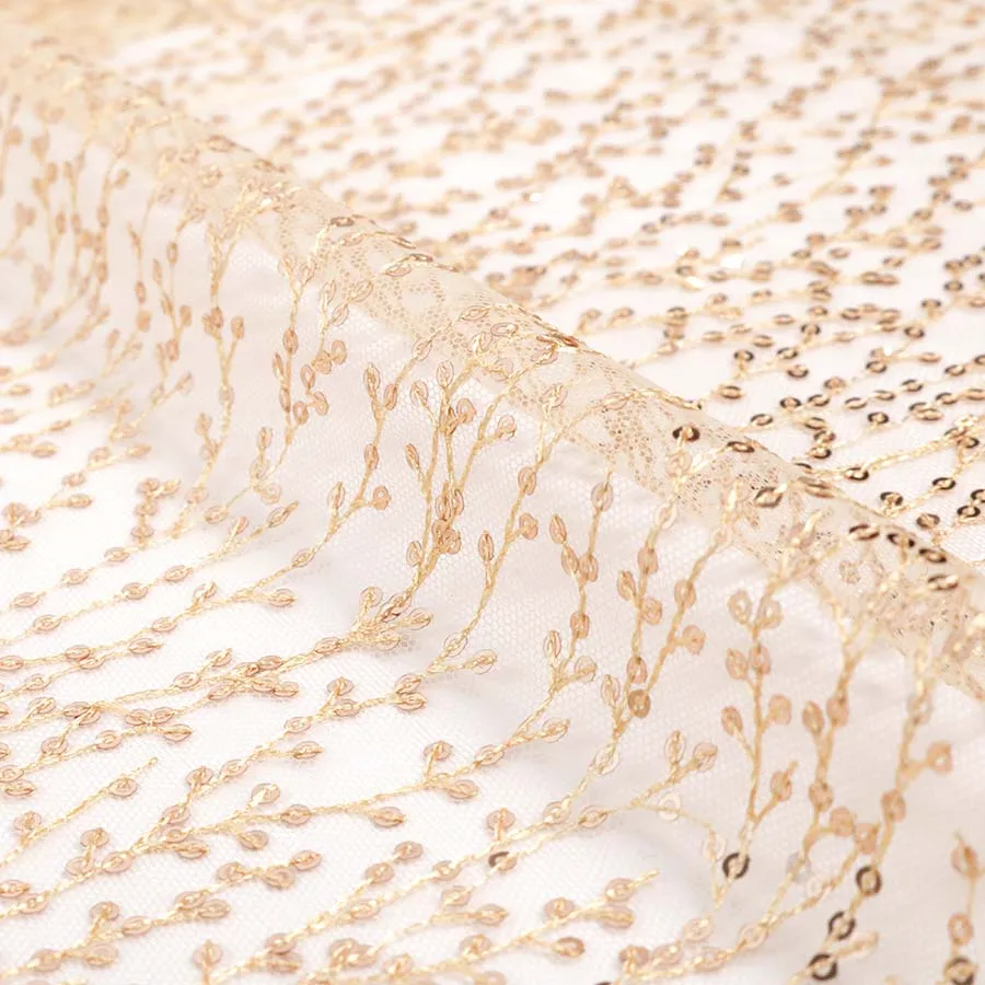 Beautiful Golden Polyester Yarn Mesh Gournd 3mm Spangle Sequins Fabric for Summer Dress Woman