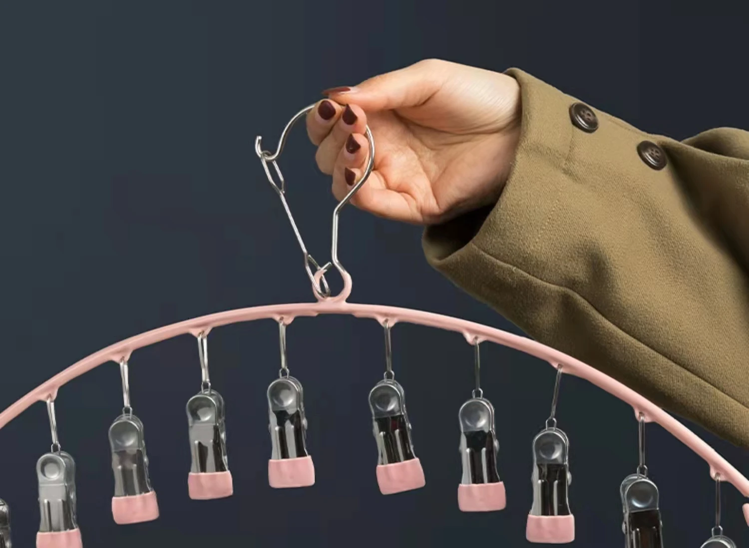 laundry heavy duty pvc metal socks hangers 10 clips metal hook pink color