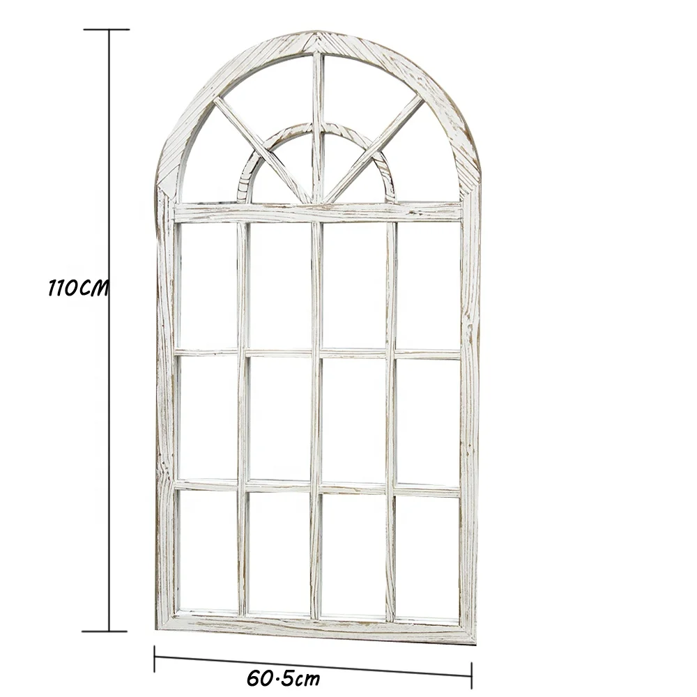 Luckywind Rustic Farmhouse Distressed White Wood Window Mirror, Vintage Decorative Arched Window Frame Wall Mounted Mirror