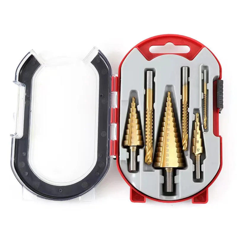 6PCS Step Drill Bits Set Hole Saw  Tapered Pagoda Cutting Metal 4-12mm 4-20mm 4-32mm HSS  triangular Shank