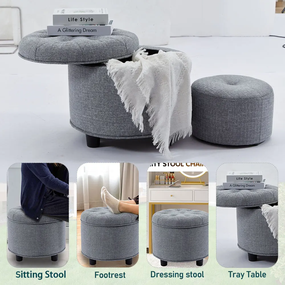 Custom Colors 2 in 1Single Ottoman Seat with Storage Round Fabric Stool for Livingroom Bedroom