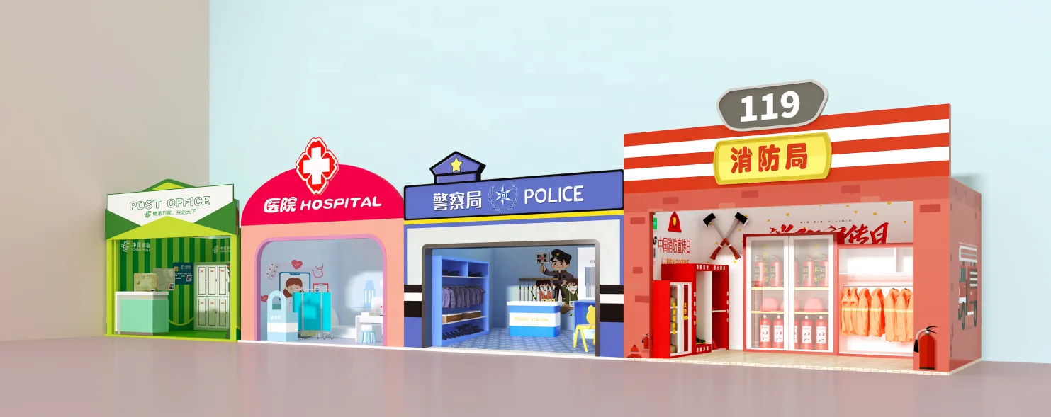 Customized Design Service Kids Indoor Street Town Playground Hospital Fire Station Role Playhouse for Kids Party