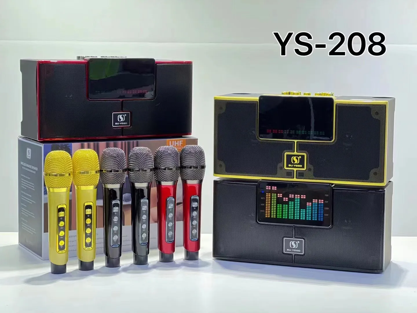 YS208 Powerful Wireless Speaker Dual Microphones RGB Disco LED flash light Subwoofer Bass Stereo Big Sound Party Karaoke