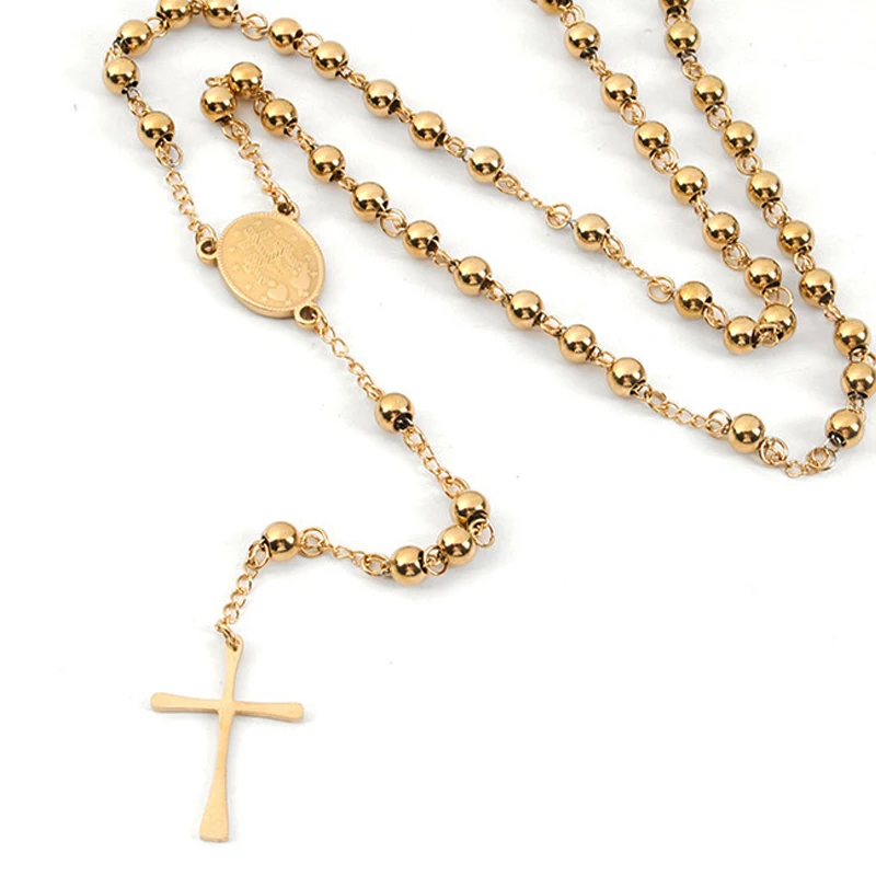 Religious Catholicism 4mm Beads of Notre Dame Cross Gold Stainless Steel Necklace