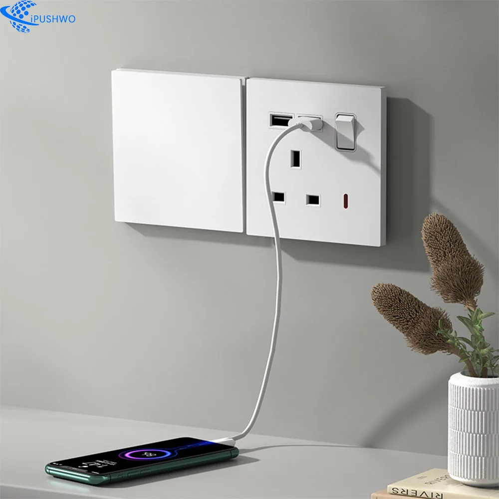 white gold grey Wall Socket with Type A+C 18W Quick Charge Plug Socket,Wall power outlet with USB charger UK switch with socket