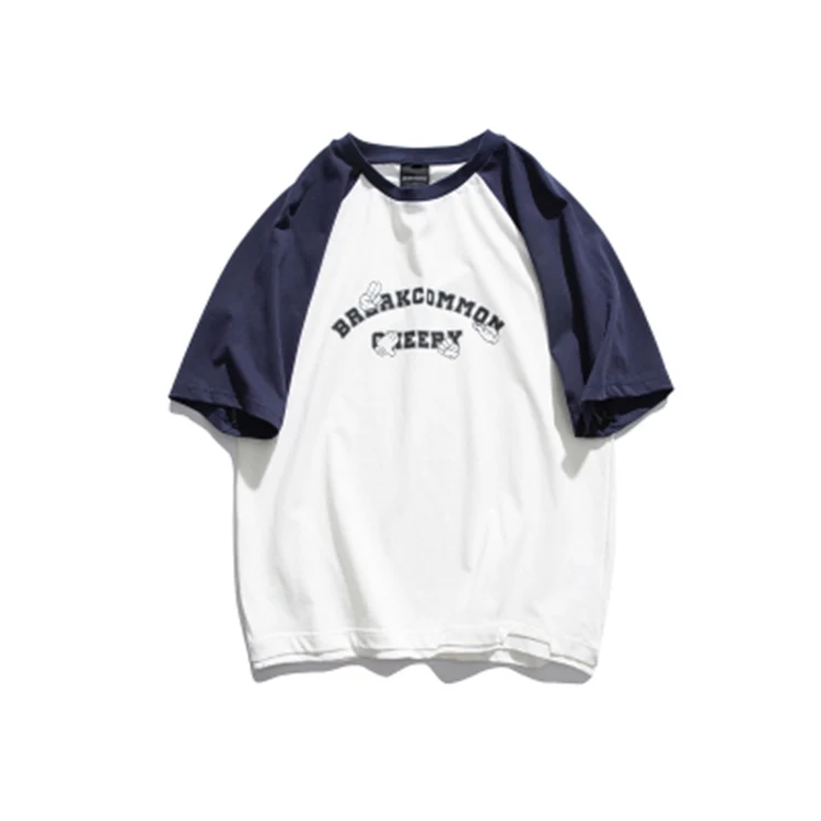 baggy ringer block t shirt with print Japanese style retro color block print short-sleeve shirts for men