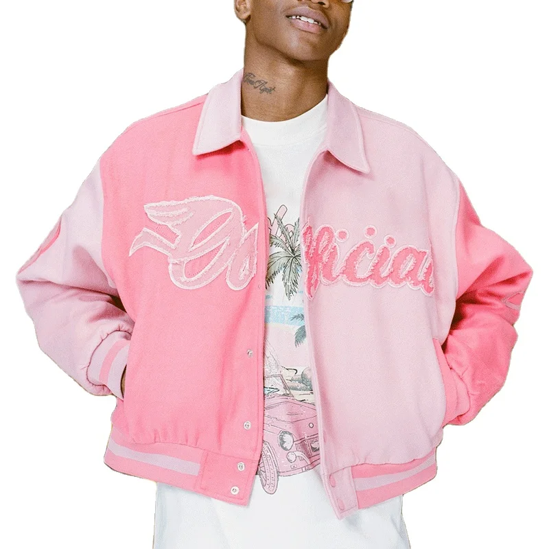 Men Retro Custom Applique Letter Chenille Embroidery Baseball Bomber Manufacturer Vintage Pink Outdoor Letterman Varsity Jackets