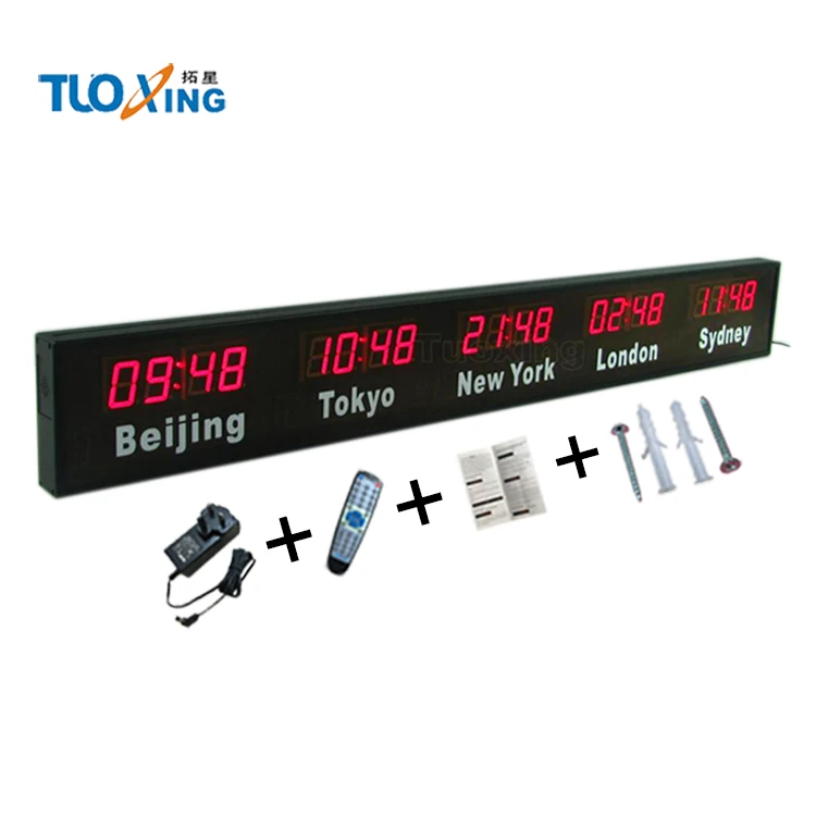 Large digital alpha-numeric led clock multi time zone