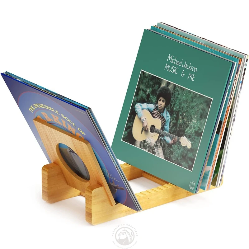 Display Up to 50 Albums Bamboo Wooden Vinyl Record Holder for Music record Storage