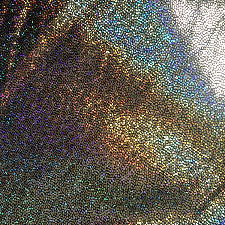 Wholesale Glitter Stretch Holographic Laser Crystal Iridescen Metallic Jersey Gold Dot Foil Coated Polyester Silk Fabric