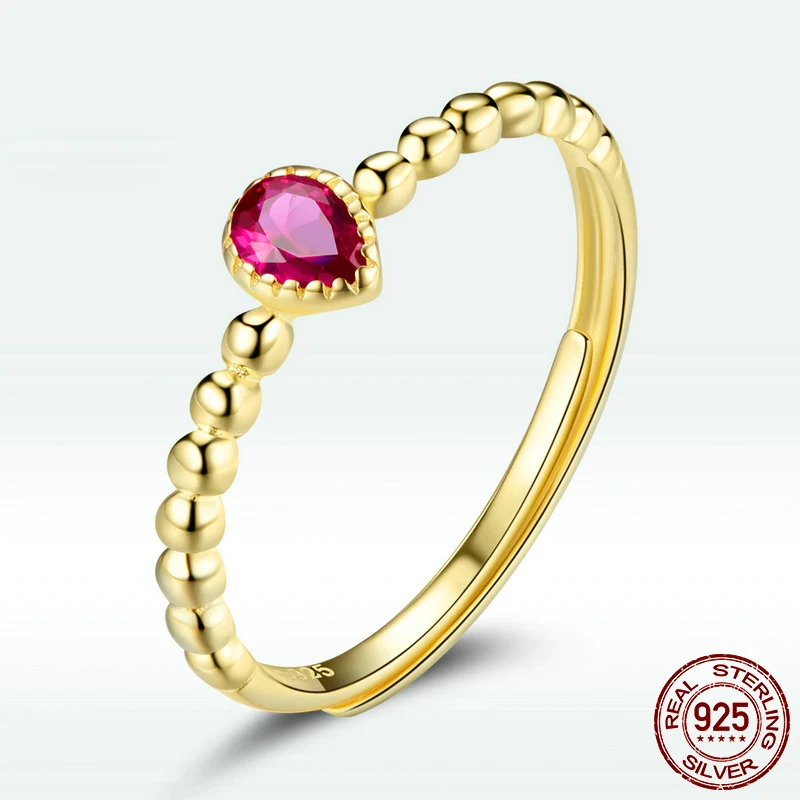 925 sterling silver 18k gold plated red drop-shaped zircon adjustable rings