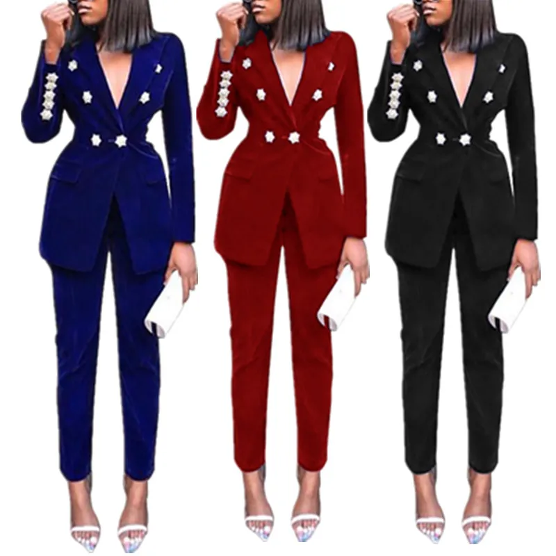 New Arrivals 2021 Woman Suit 2 Piece Formal Blazers For Women Office Wear Casual Business Attire Velvet Fleece Blazer With Pants