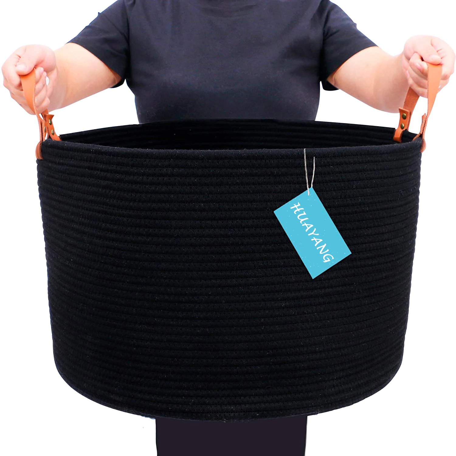 Decorative Floor Basket for Living Room with Genuine Leather Handles Black Extra Large Woven Cotton Rope Blanket Storage Basket