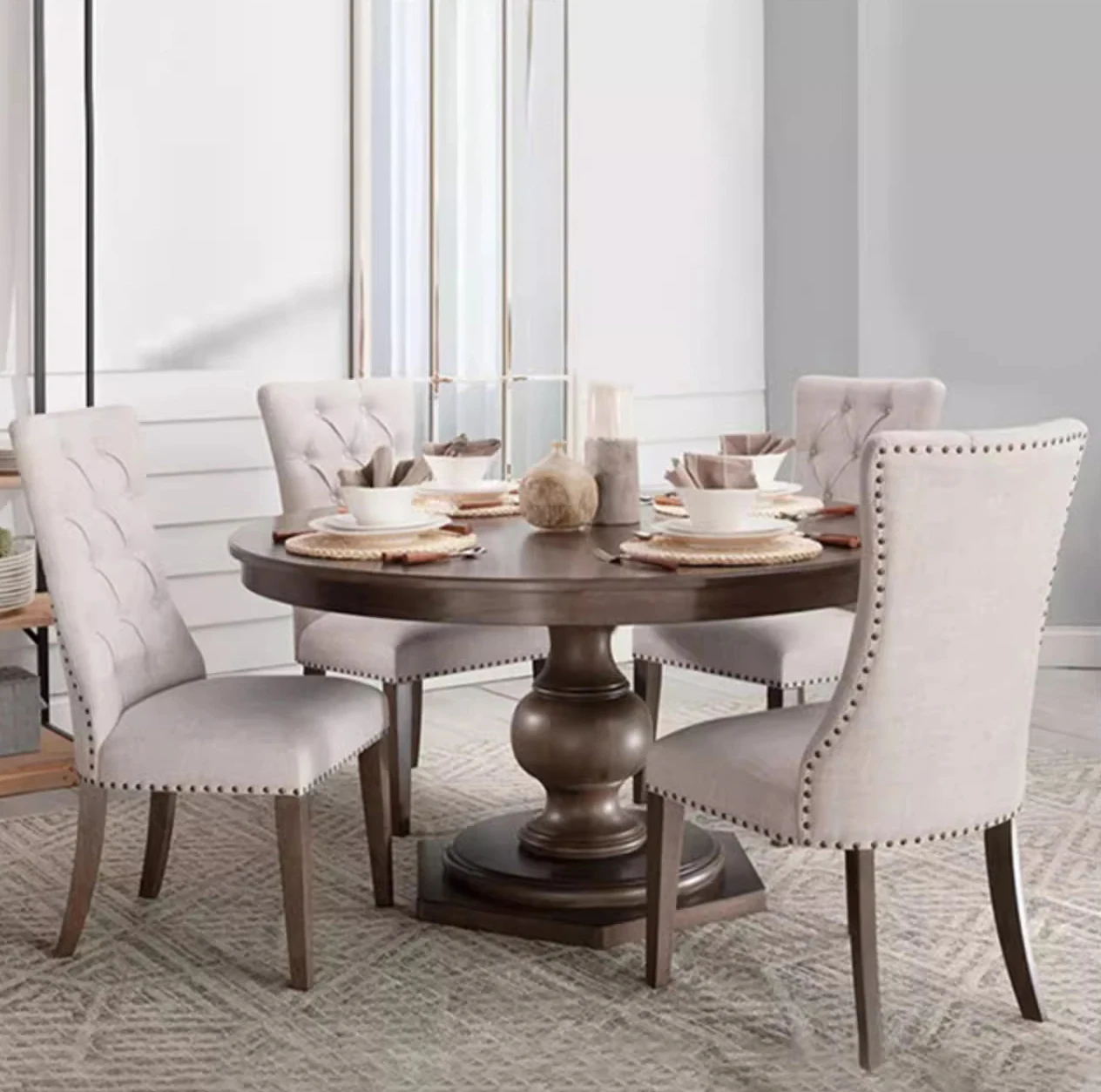 American solid wood dining table and dining chair combination French oak retro round table home antique six table custom