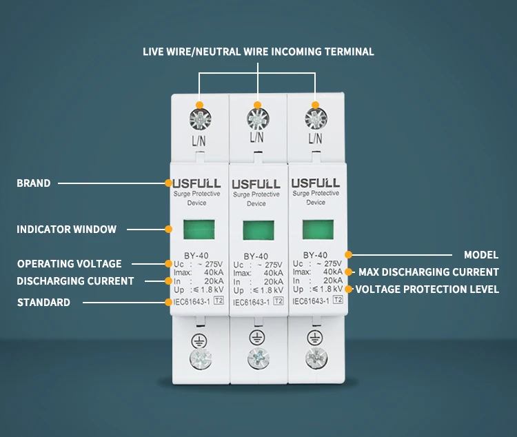 USFULL dc surge protective device 32A SPD lightning protection device 20KA to 40KA 1000V 2P 3P 1000V 15000V