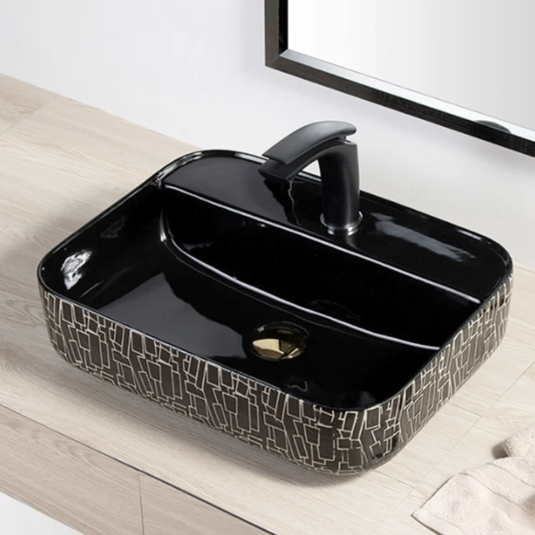 High-end sanitary ware glossy black washbasins countertop hand wash basin modern ceramic bathroom sink