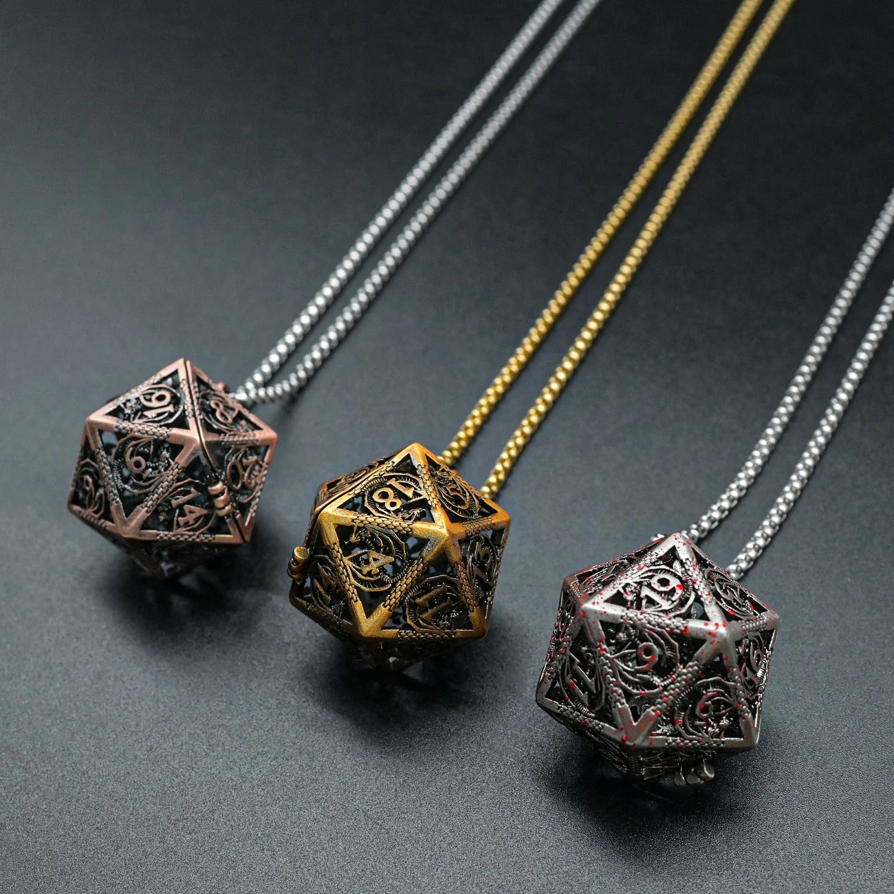 DND Copper Metal Dice Necklace Pendant Polyhedral D20 Dice Box with Chain