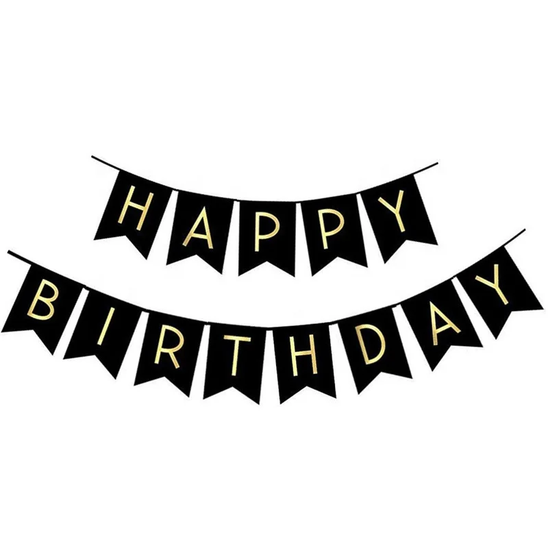 Black Happy Birthday Bunting Banner with Shiny Gold Letters Party Supplies