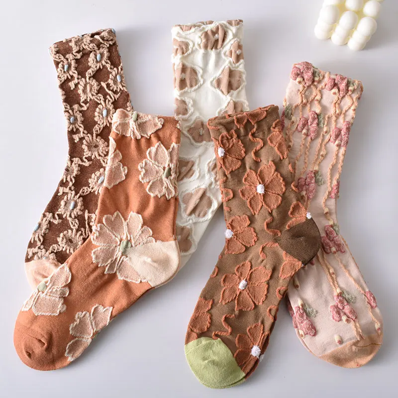 5 Pairs/bag New Arrival Baroque Style Custom Manufacturer Colorful Girl Cotton Floral Vintage Designer Womens Socks