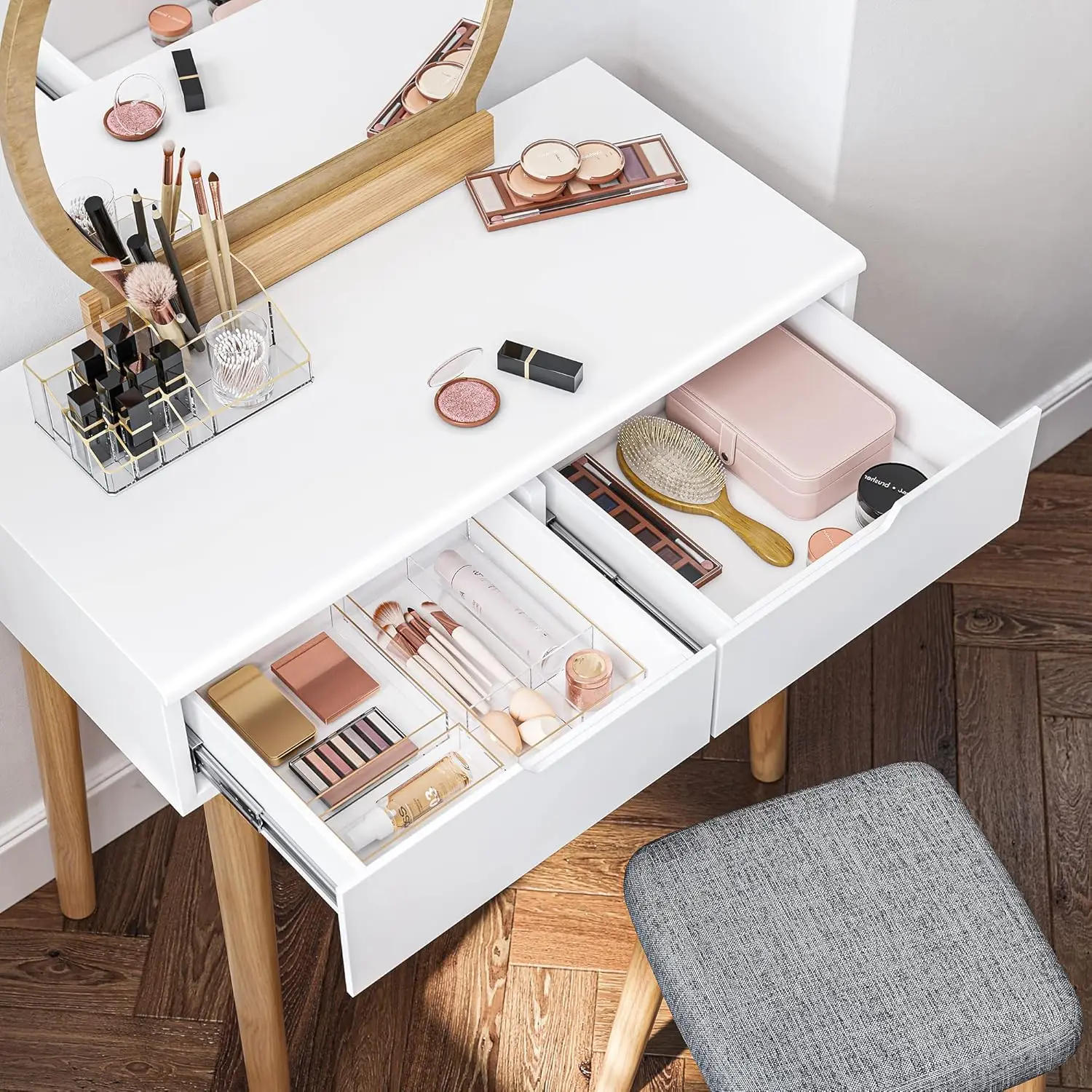White Wooden Vanity Table Set with 2 Drawers Mirror Cushioned Stool for Girls Bedroom Dressing Furniture MDF Style